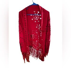 Red Fringe Western Boho Poncho Style Wrap FX Suede One size spring fashion